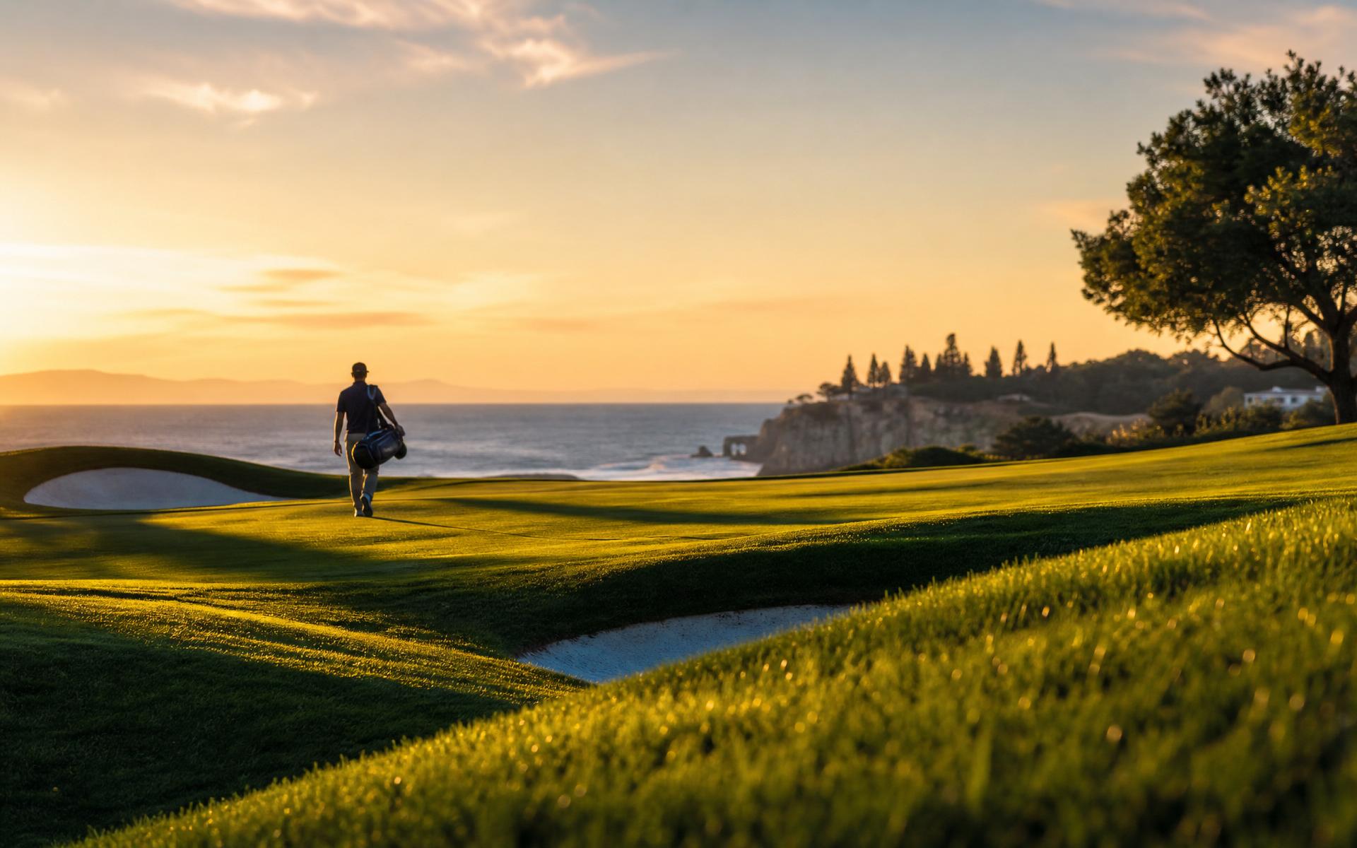 Golfplatz am Meer im goldenen Abendlicht